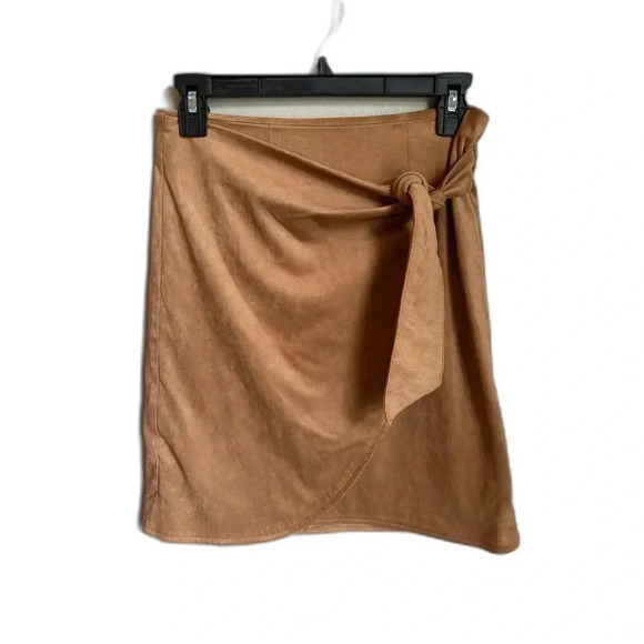 LOFT Camel Brown Suede Mini Skirt w/ Front Knot Fall Mini Skirt, Wrap Skirt, NWT - Picture 1 of 8